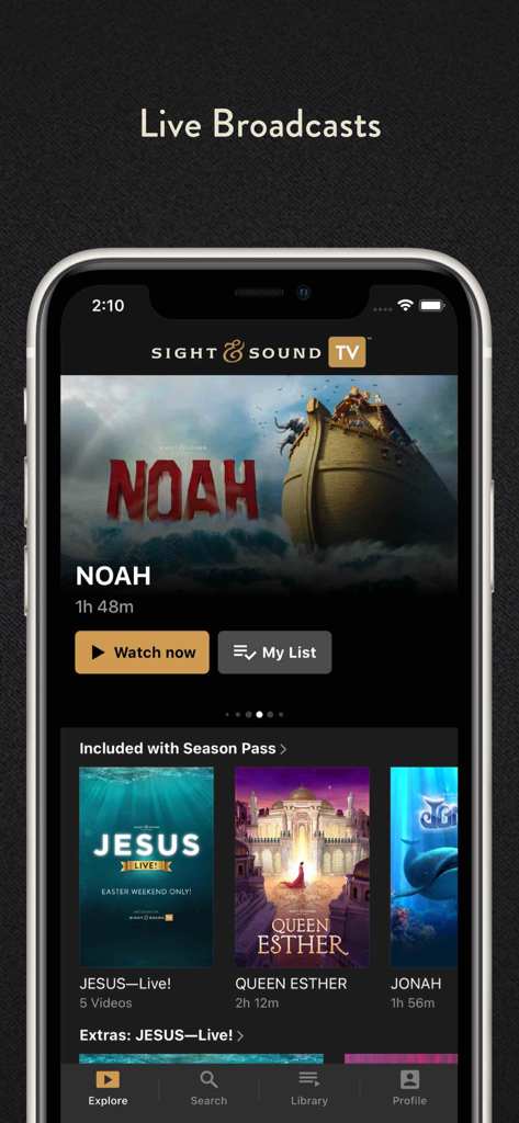 Sight and Sound TV app screen displaying biblical stage productions