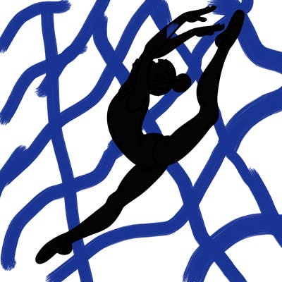 gymnast doing a leap in a leotard with a bent back leg