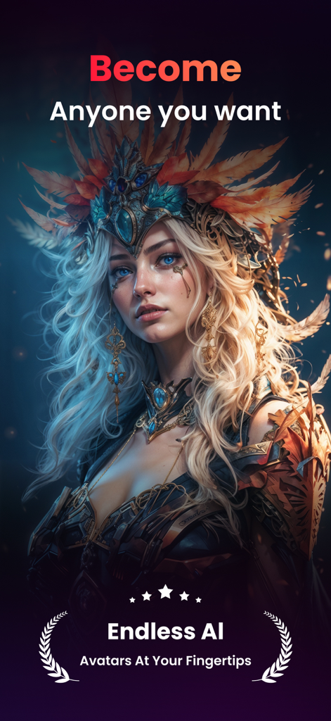 A woman with blonde hair and a detailed feathered headpiece generated as a fantasy AI avatar on PhotoX.