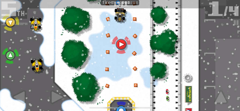 Retro Racing 2 - Gameplay-Screenshot von Retro Racing 2 mit Top-Down-Rennen auf einer schneebedeckten Strecke.