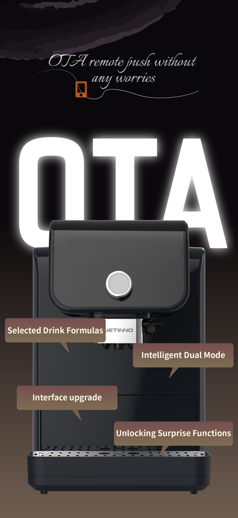 Jetinno coffee machine showing over the air remote push features and smart drink formulas