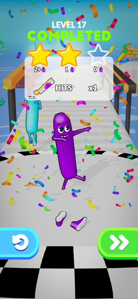 Wacky Run level completed screen showing a purple character celebrating with confetti