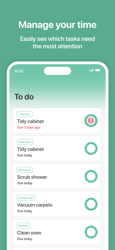 Spotless: A simply clean home - Pantalla de la aplicación Spotless que muestra una lista de tareas de limpieza del hogar organizadas por habitación