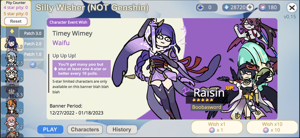 Silly Wisher - Silly Wisher app screenshot showing a parody gacha banner with meme character art of Raisin.