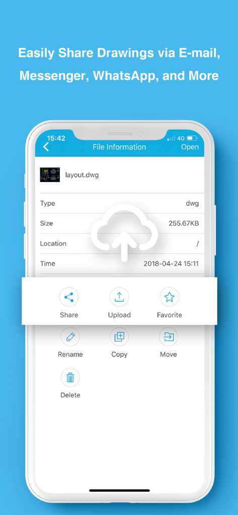 DWG FastView Pro-CAD viewer - DWG FastView Pro App-Oberfläche zeigt Optionen für das Teilen und Verwalten von Dateien für CAD-Zeichnungen