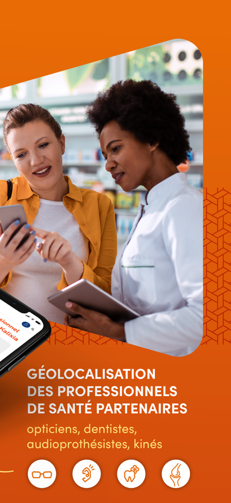 Harmonie & moi - Interface de l'application Harmonie et moi mettant en évidence la géolocalisation des professionnels de santé partenaires comme les opticiens et les dentistes.