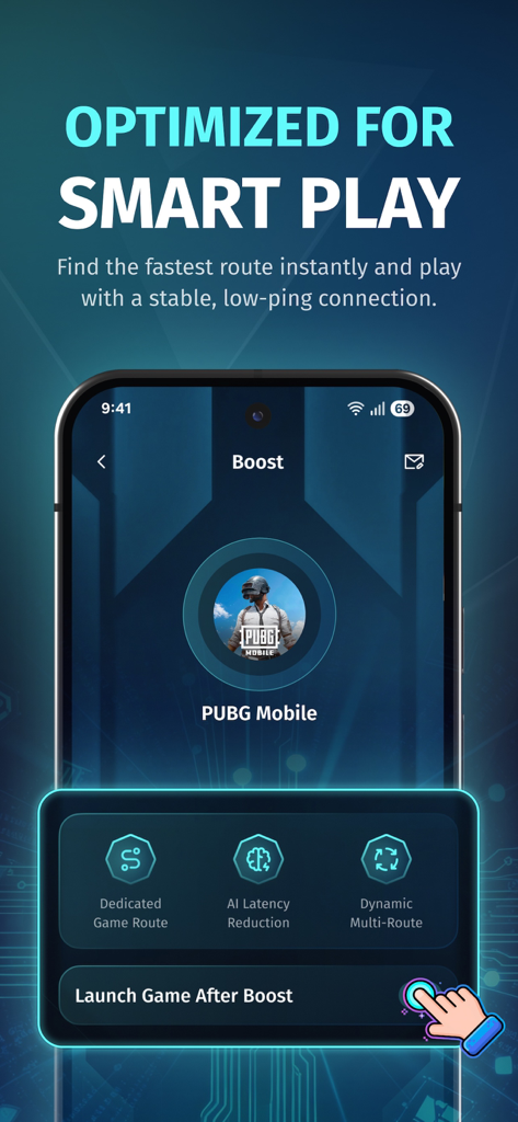 FKey: Boost Game & Reduce Ping - Interface de l'application de booster de jeu FKey affichant l'optimisation intelligente du jeu pour PUBG Mobile avec réduction de latence par IA.
