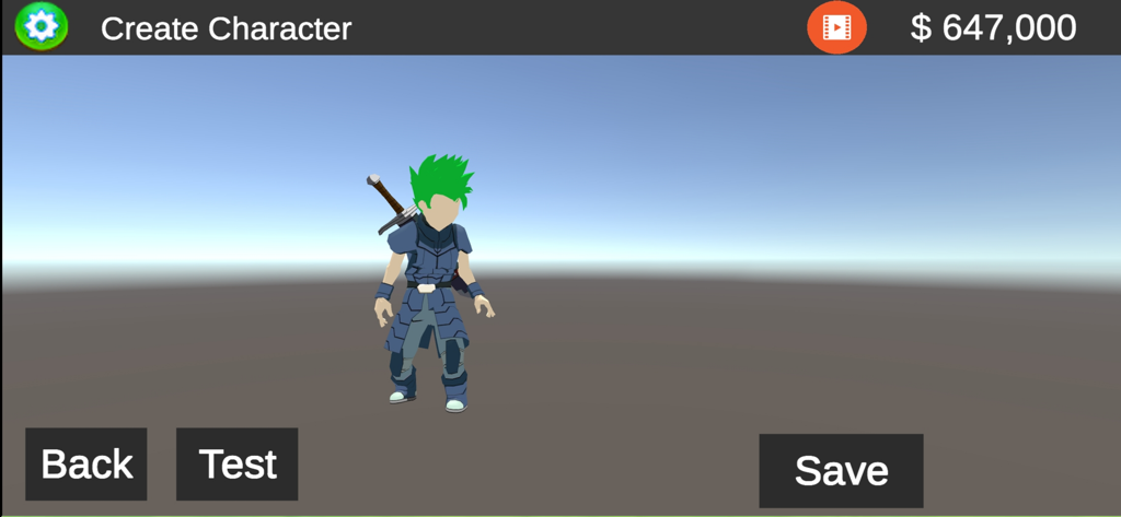 Stick Warriors 3D - Character creation interface in Stick Warriors 3D featuring a customizable warrior with green hair