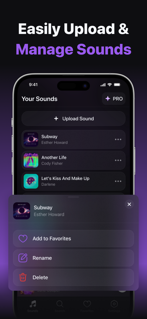 Music Equalizer: Bass Tuner. - Interface of the Music Equalizer app showing the sound upload and track management screen