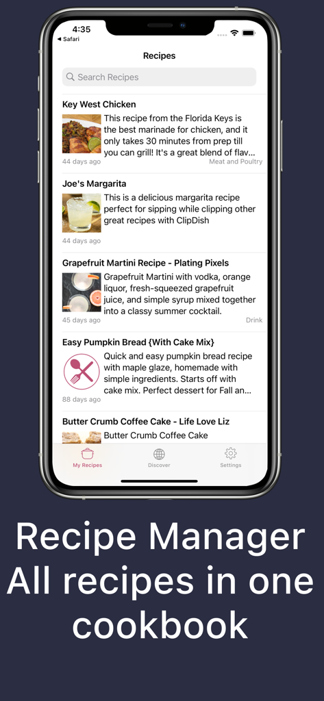 Recipe Box Cookbook: ClipDish - ClipDish App-Oberfläche, die eine digitale Rezeptsammlung auf einem iPhone anzeigt