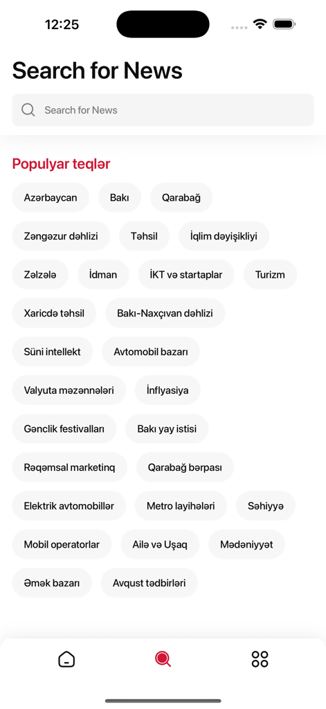 Sfera.az - Search screen of the Sfera.az news app displaying popular Azerbaijani news tags like Azerbaijan and Baku