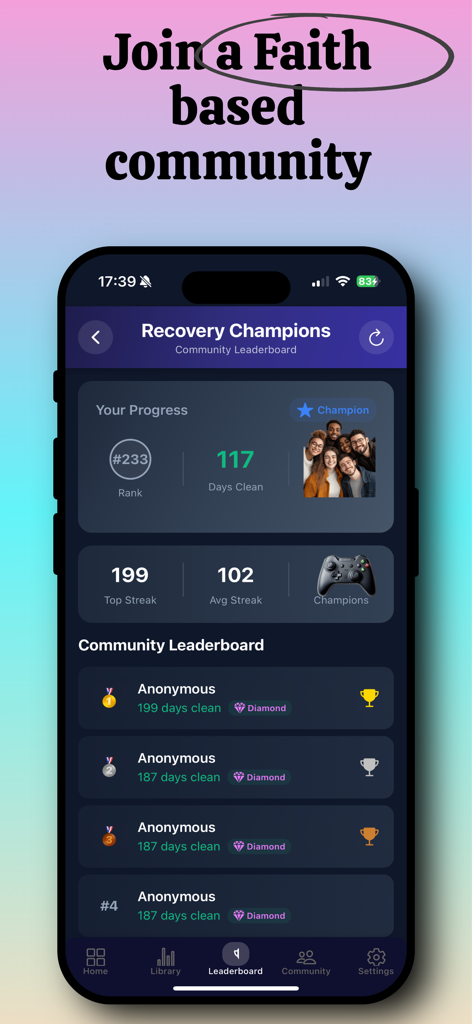 CLNSR: Quit Porn with Christ - Captura de tela do aplicativo CLNSR mostrando o quadro de líderes da comunidade baseado na fé e o acompanhamento do progresso de recuperação.