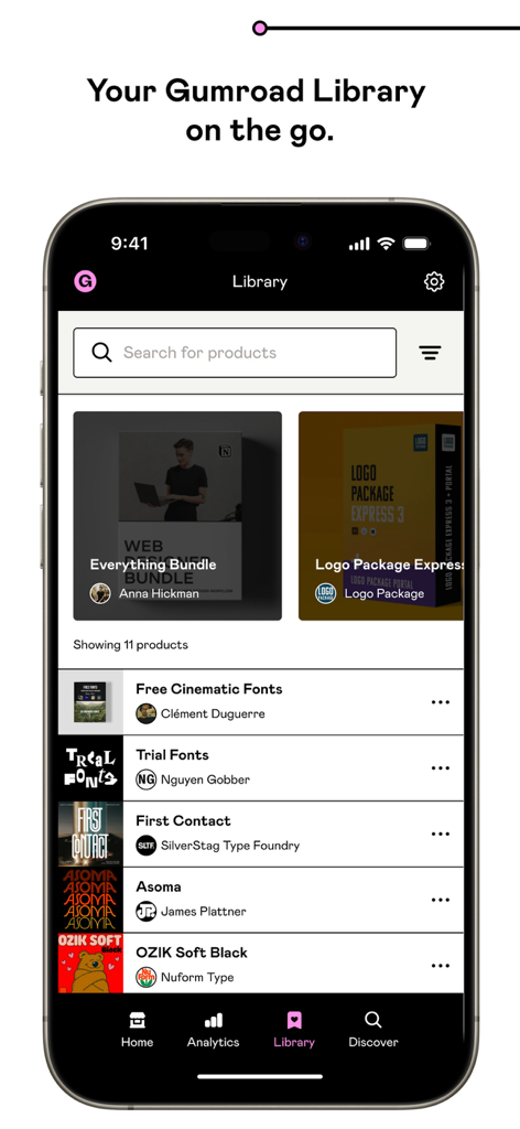 Gumroad app library interface showing various digital products like fonts and bundles