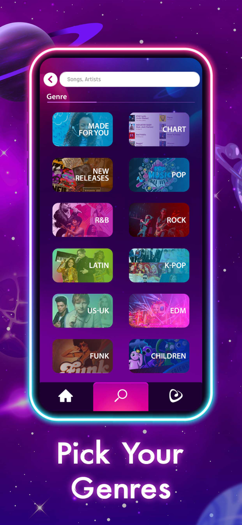 Dancing Road Color Match & Hop - Captura de pantalla de la pantalla de selección de géneros musicales en Dancing Road mostrando varias categorías de música