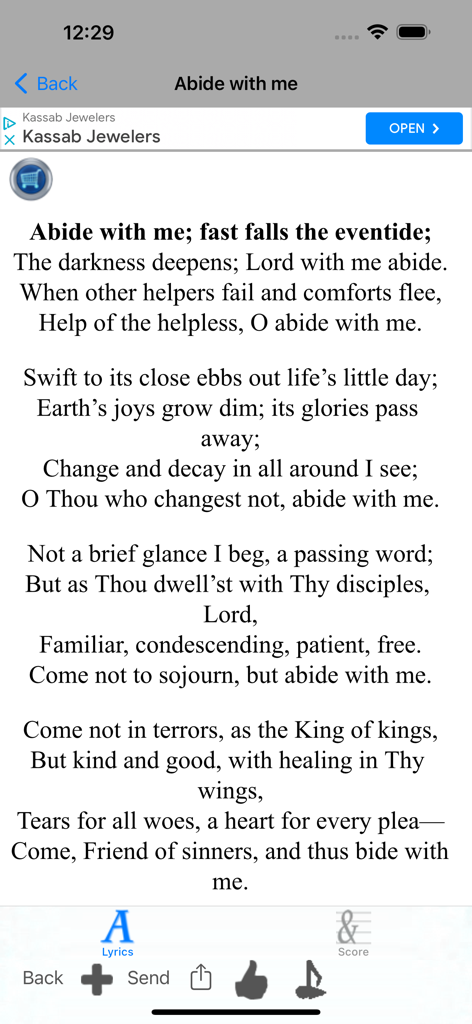 Worship Scores Lyrics & Tunes - Lyrics for the hymn Abide with me displayed in the Worship Scores app.