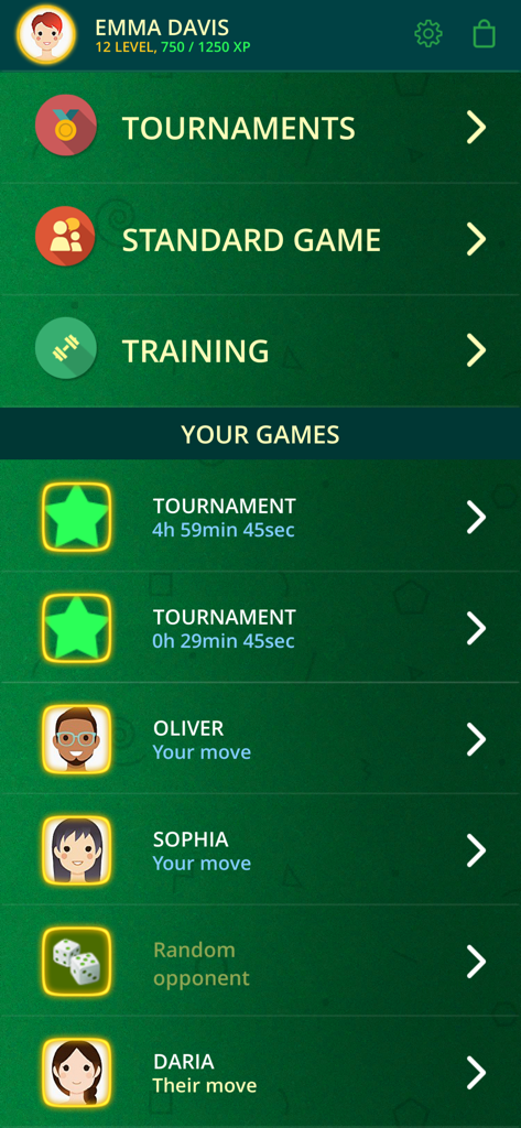 Main menu of the Dice Club US app showing game modes and current matches with friends