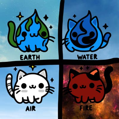 4 cats that represent the different elements, earth, water, air, and fire