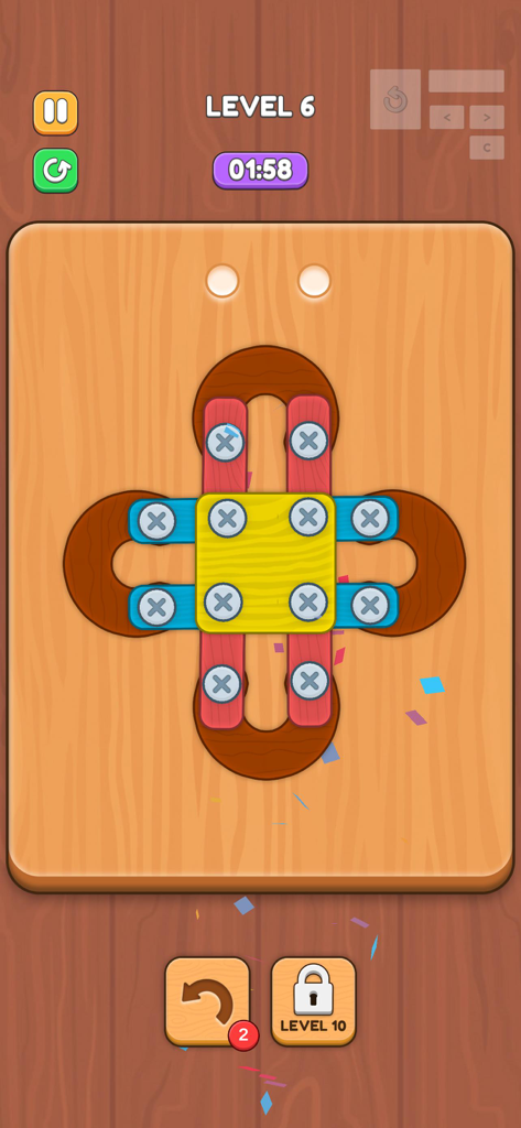 Un livello di puzzle logico da Screw Puzzle Challenge Game con piastre colorate e viti