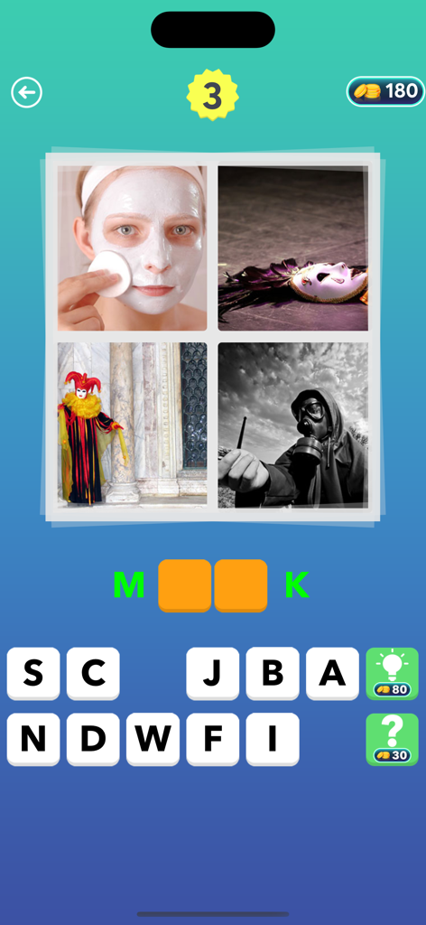 4 Pics: What's the Word? - Un nivel de puzzle de palabras mostrando cuatro tipos diferentes de máscaras para adivinar la palabra.