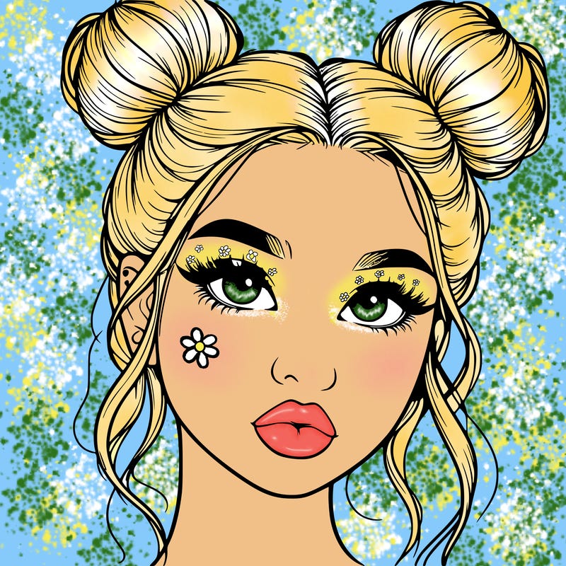 realistic girl with two buns on her hair and lips