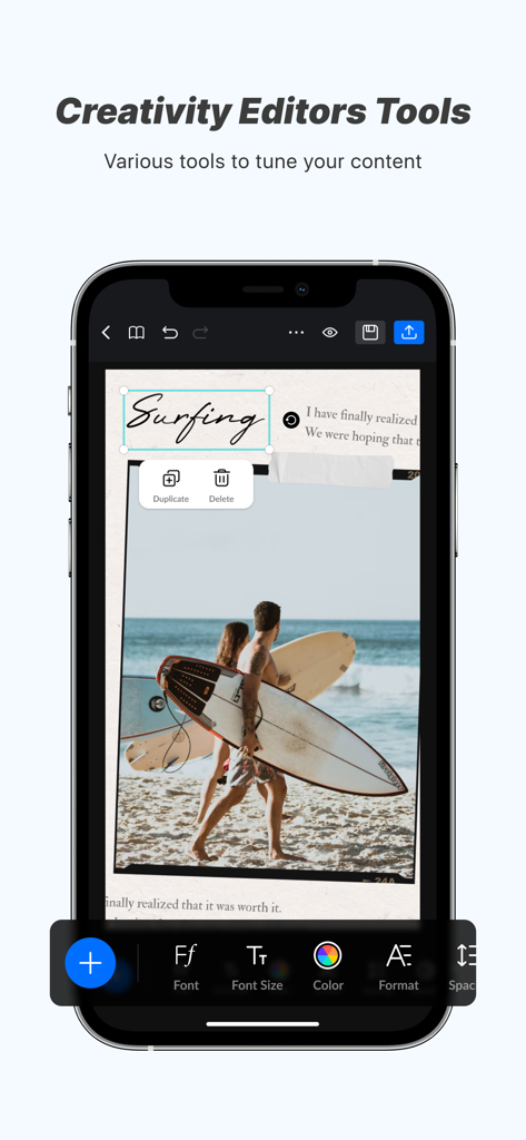 Flow Studio: AI Photo & Design - サーフィンデザインのテンプレートとクリエイティブな写真編集ツールが表示されているFlow Studioモバイルアプリのインターフェース