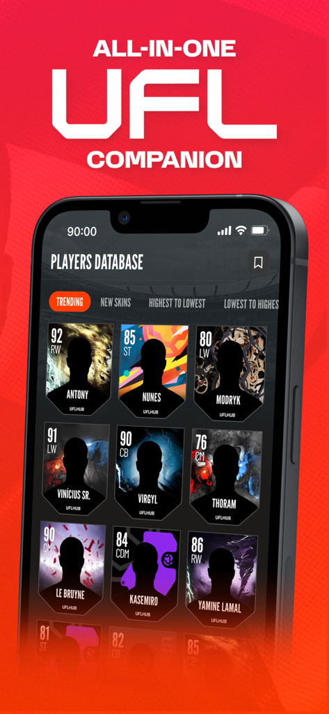 UFLHub: Player DB for UFL - Interfaz de la aplicación móvil UFLHub mostrando una cuadrícula de cartas de jugadores populares con valoraciones y skins