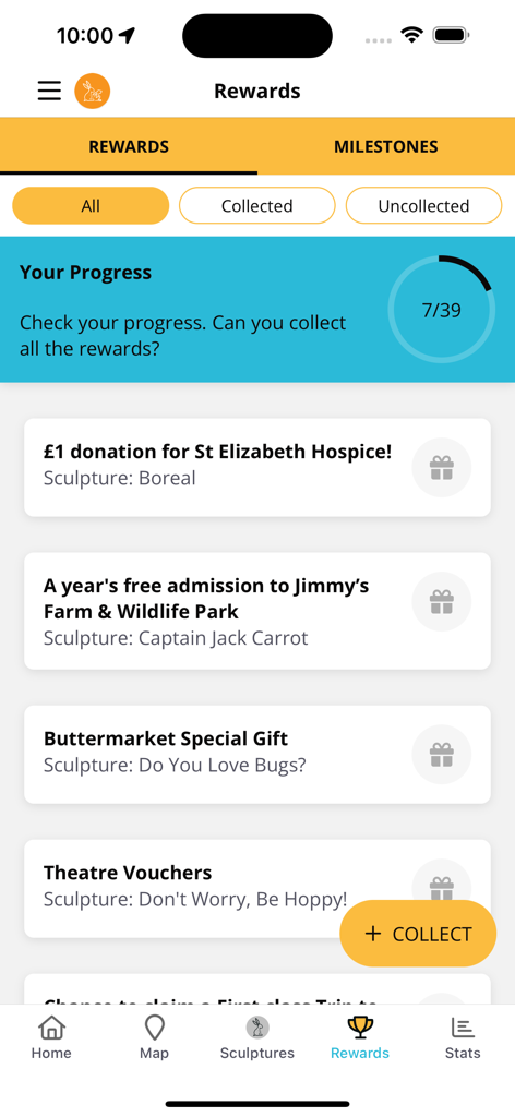 Hop to it! Suffolk Art Trail - Rewards and progress screen for the Suffolk Art Trail app