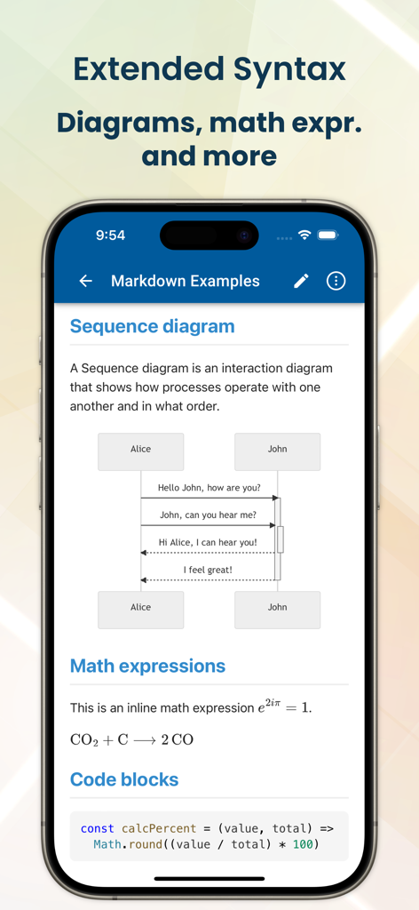 NotesHub mobile app displaying sequence diagrams math expressions and code blocks using Markdown syntax