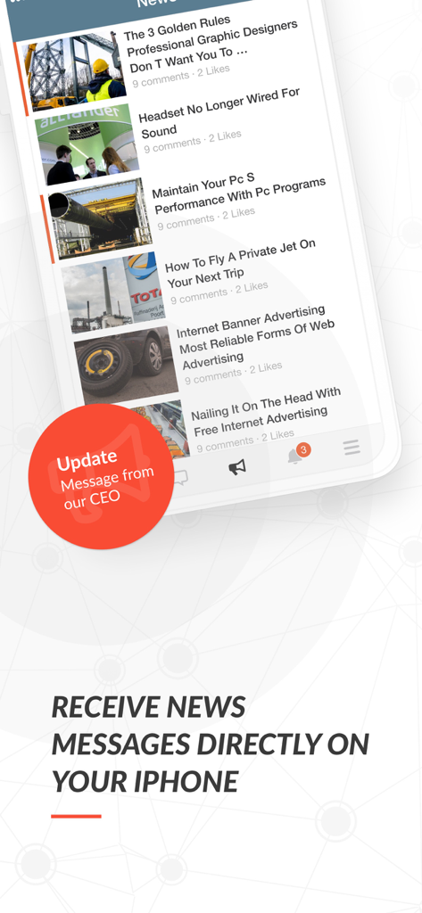 Speakap - An iPhone screen displaying the Speakap news feed with internal company updates and a message from the CEO.