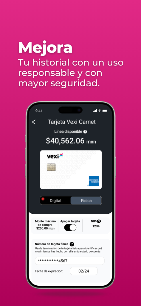 Vexi - Pantalla de la app Vexi que muestra los detalles de la tarjeta de crédito American Express y funciones de seguridad como el interruptor de encendido/apagado de la tarjeta