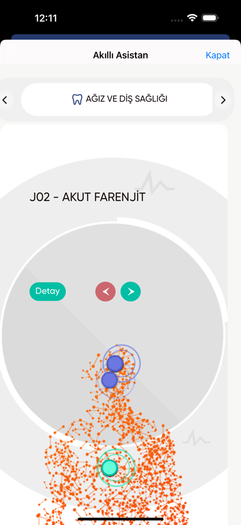 e-Nabız App Smart Assistant Bildschirm mit einer medizinischen Diagnose und einer menschlichen Körperkarte mit Gesundheitsmarkern.