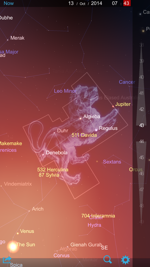 Star Chart Infinite - Un mapa estelar digital detallado que muestra la constelación de Leo con una ilustración artística de un león y etiquetas para estrellas y planetas como Júpiter y Venus