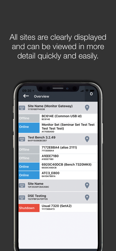 DSE WebNet® - DSE WebNet app overview screen displaying a list of monitored sites and their current status