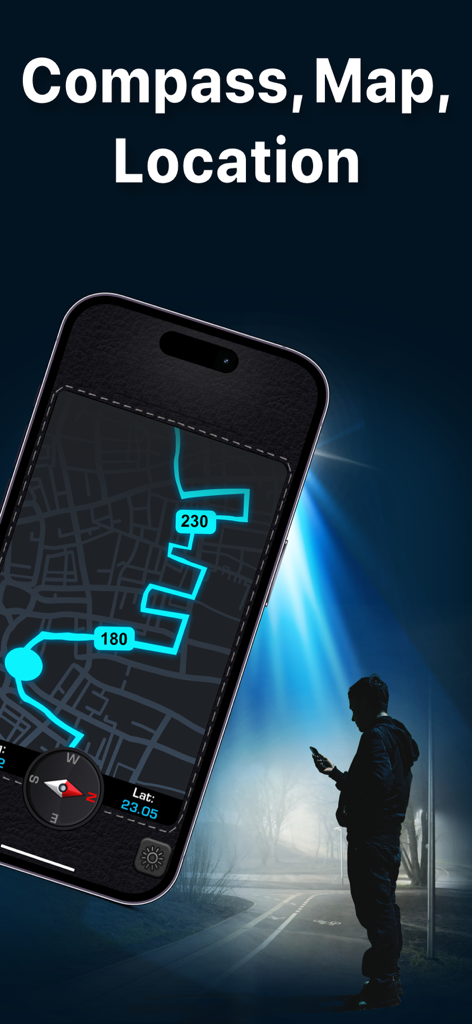 Best Flash Light - Flashlight - Interfaz de la aplicación linterna mostrando funciones de brújula y navegación de mapas por la noche.