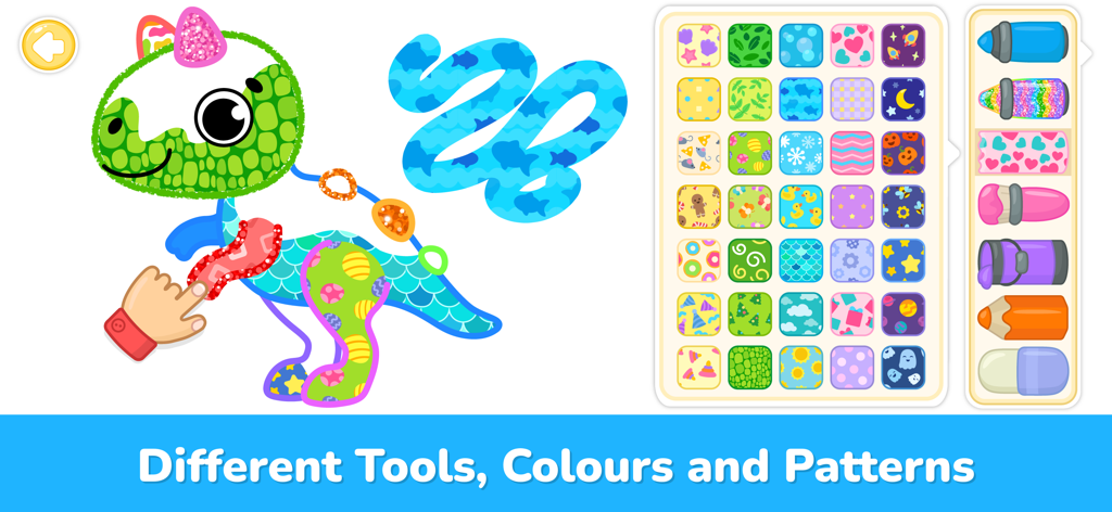 Un dinosaure en cours de coloriage avec différents motifs et outils de dessin dans l'application de coloriage Bimi Boo pour tout-petits