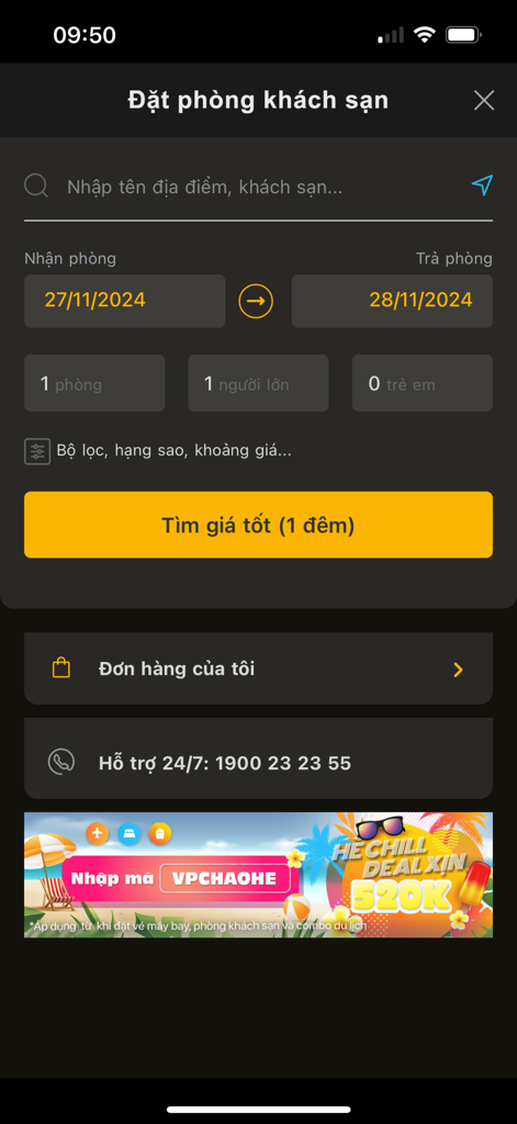 BAC A BANK Mobile Banking - Hotel room booking interface within the BAC A BANK mobile application featuring search and date selection options.