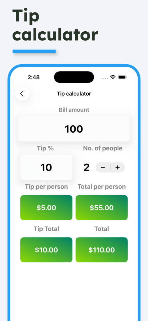 Mobile app interface of a tip calculator showing bill splitting and percentage calculation.