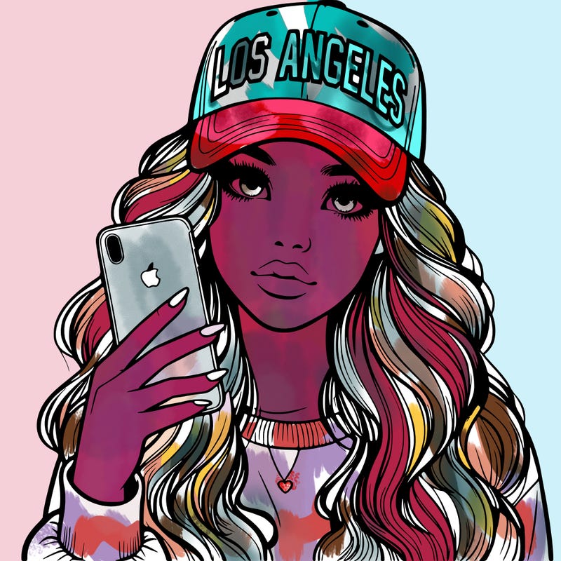 realistic beautiful girl wearing los ángeles cap holding an iphone