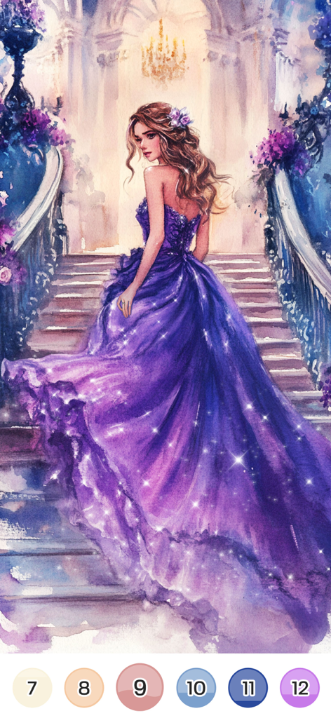 Color Up: Color By Number - A digital color by number painting of a woman in a sparkling purple gown on a grand staircase