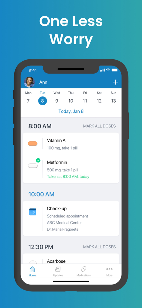 Medisafe Medication Management - Medisafe-App-Oberfläche zeigt einen Tagesplan für Medikamentenerinnerungen und Arzttermine
