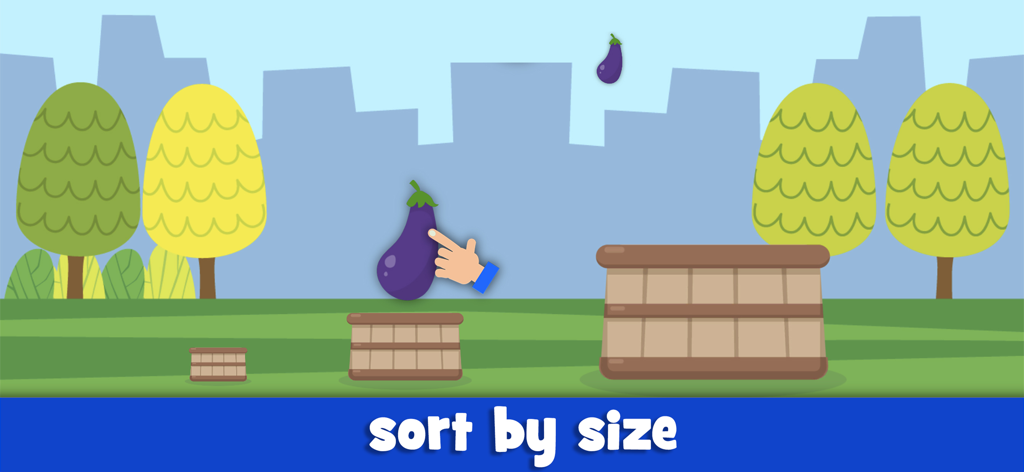 Una captura de pantalla de un juego educativo para niños pequeños que muestra una berenjena siendo clasificada en cajas de diferentes tamaños.