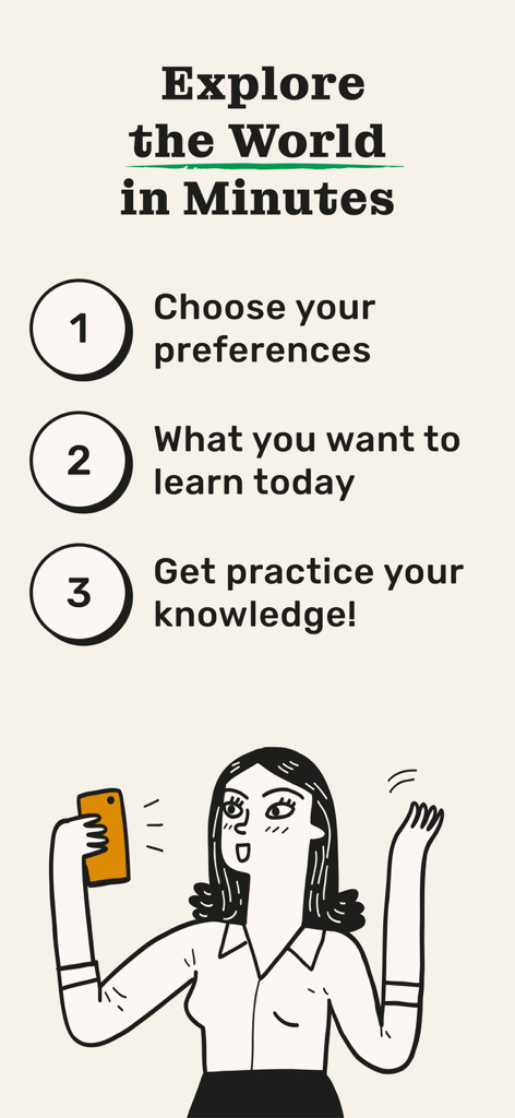 Growbit - Daily Micro Learning - Una guida visiva che mostra tre passaggi per utilizzare l'app Growbit: scegli le preferenze, seleziona ciò che vuoi imparare e pratica le tue conoscenze