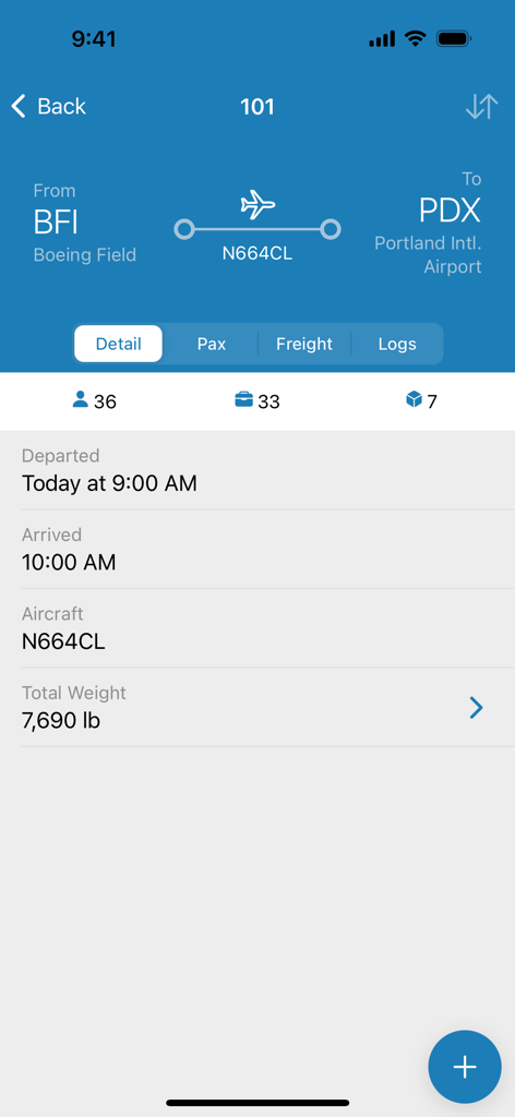 Takeflite Go flight summary screen displaying route information and load details