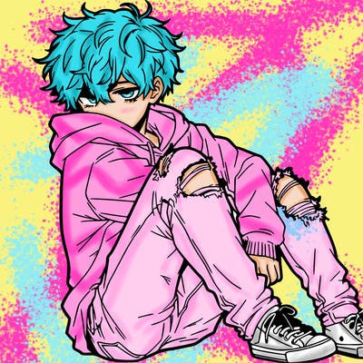 a male hoddie ripped jeans messy hair anime