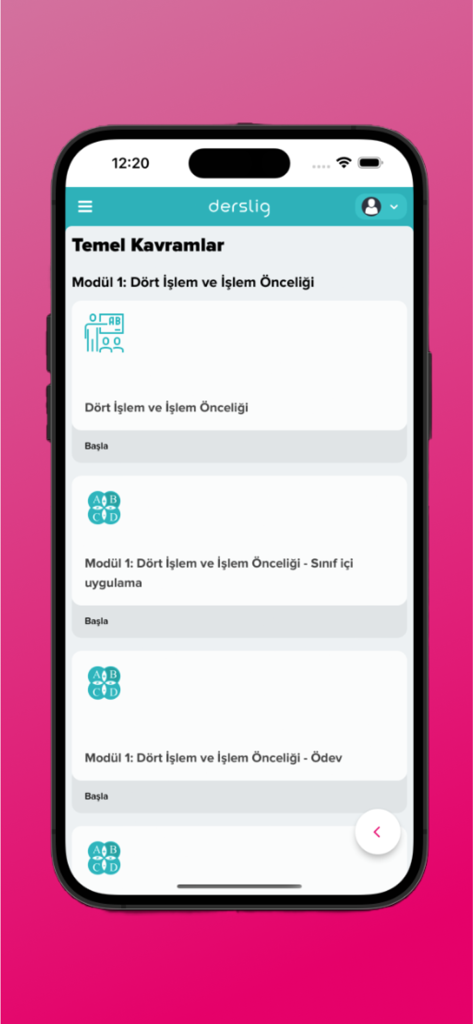 Derslig - Derslig app interface showing a mathematics learning module on basic concepts
