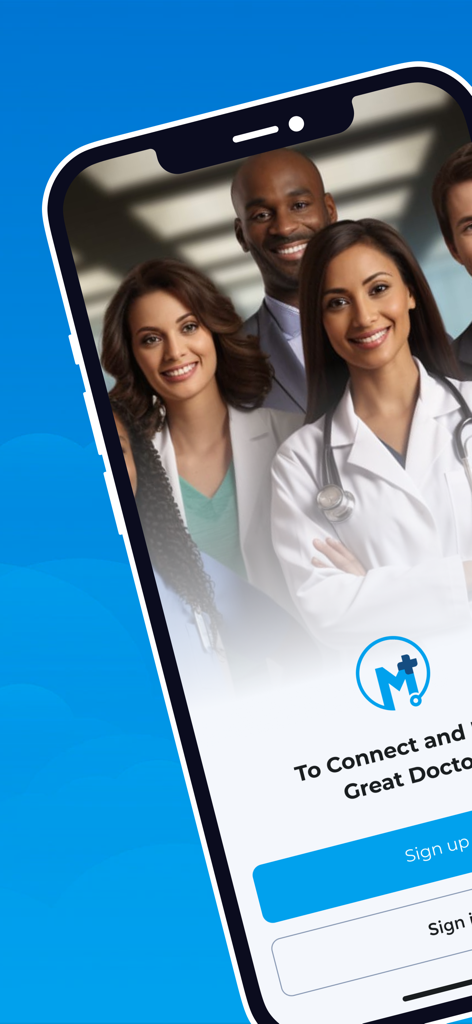 Medroll - Medical Network - Onboarding screen of the Medroll app featuring a diverse group of smiling medical professionals with buttons to sign up and sign in.