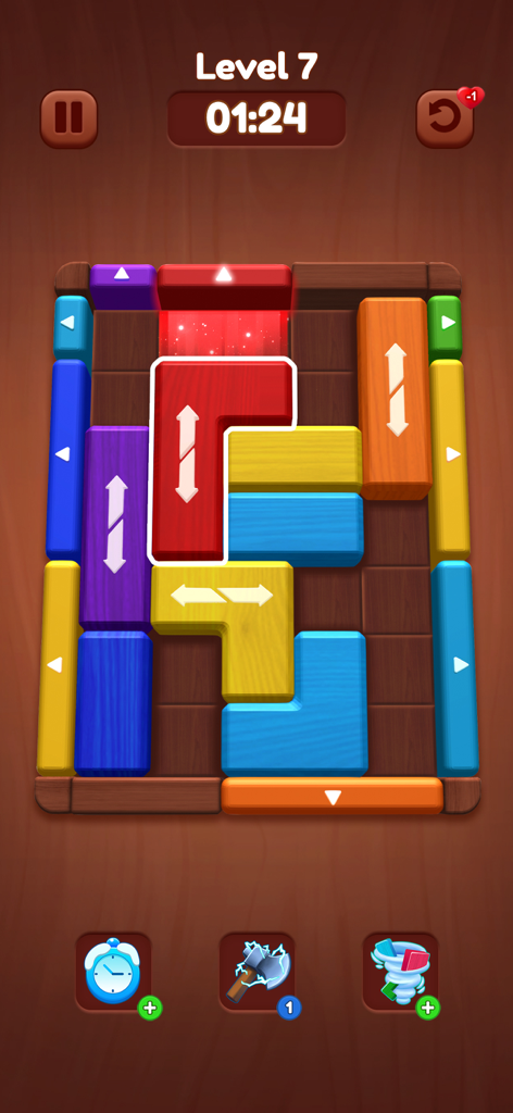 Una captura de pantalla del juego de Woody Puzzle Slide Out mostrando bloques de madera de colores en un tablero de lógica con un temporizador de nivel