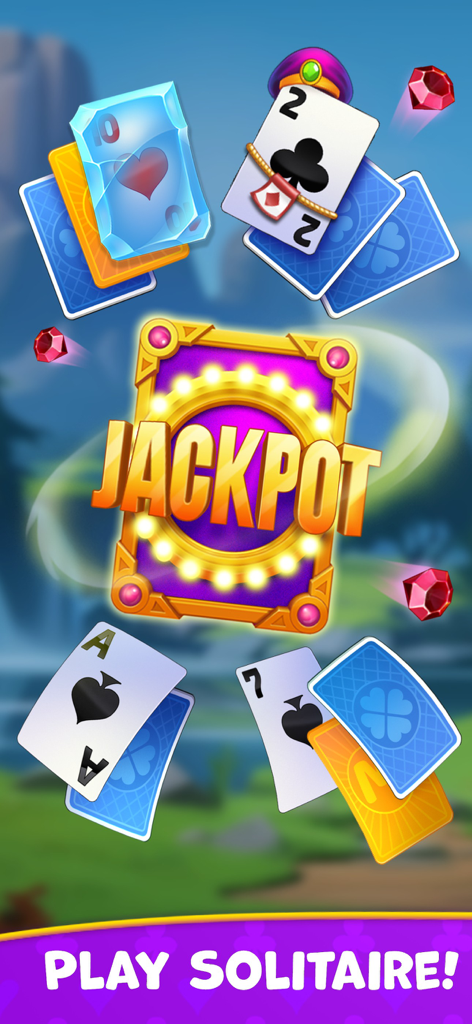 Kings and Queens: Solitaire - Un écran de gain de jackpot dans Kings and Queens Solitaire présentant une carte dorée et des rubis volants