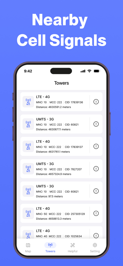 Cellular Tower & Signal Finder - Interface showing a list of nearby cell towers with technical data like network type, MNC, MCC, and CID
