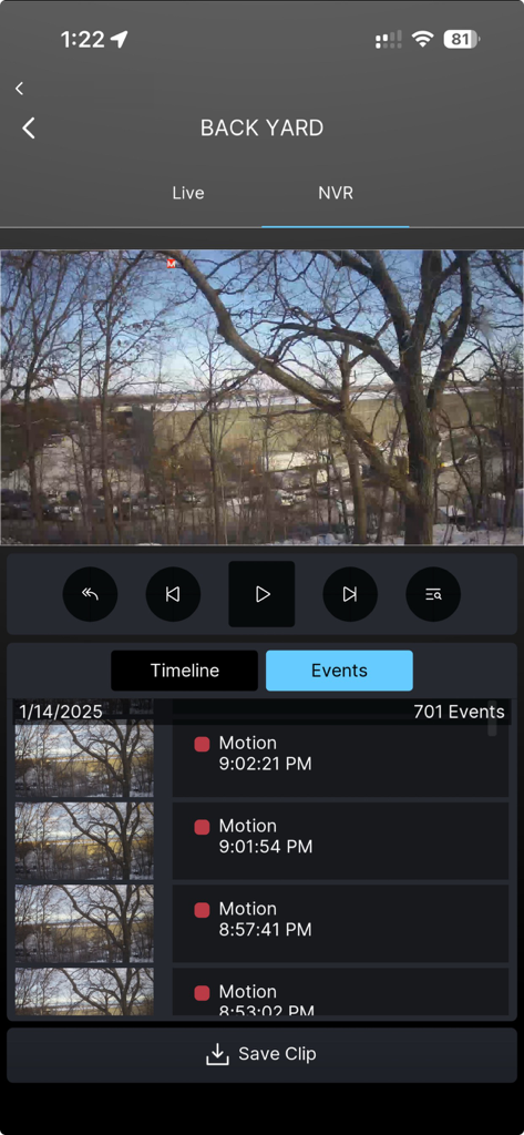 Nice Mobile Viewer - Nice Mobile Viewer app showing backyard security camera footage and motion event history